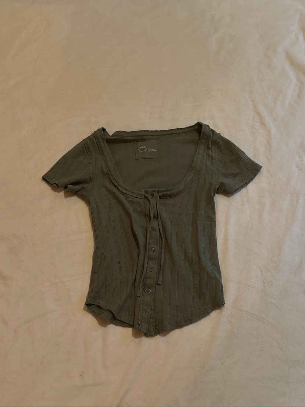 aerie Olive Green Ribbed Button Scoop Tee